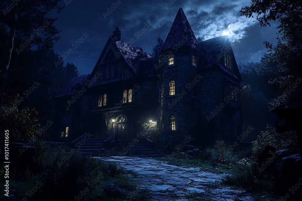 A mysterious, dark mansion illuminated by moonlight. A mysterious, dark mansion illuminated by moonlight.