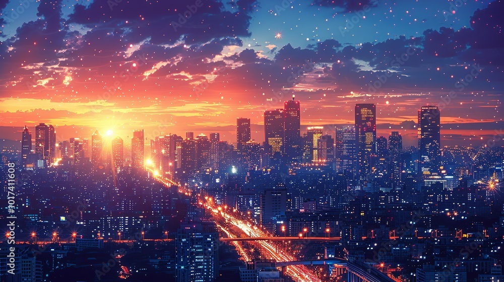 Fototapeta premium City at Dusk: A stunning view of a city skyline at dusk with illuminated buildings and busy streets ideal for themes related to city life and urban environments. High resolution Illustration, in the