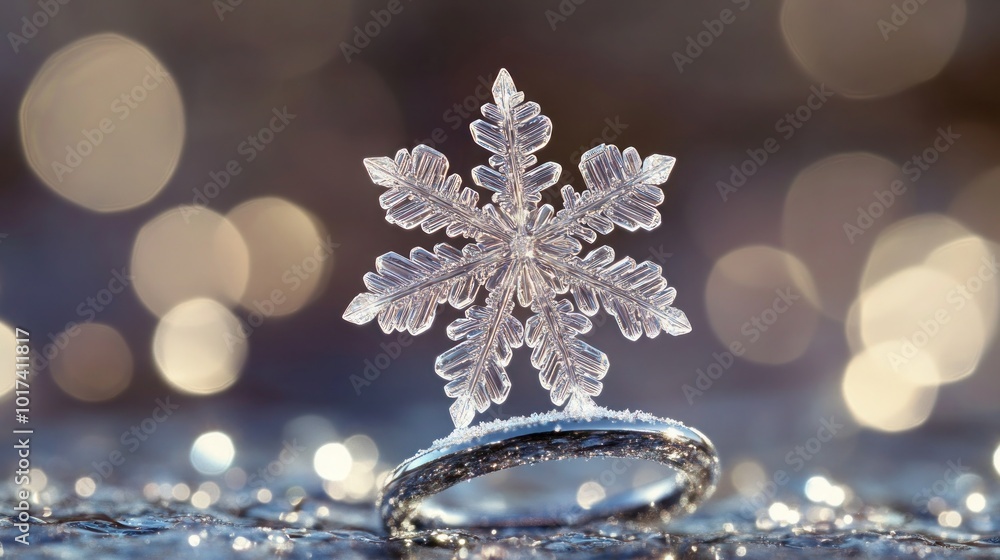 A snowflake balanced on the edge of a silver ring, glistening with tiny water droplets as it starts to melt. The background captures the gentle, cold atmosphere of a winter day. A snowflake balanced on the edge of a silver ring, glistening with tiny water droplets as it starts to melt. The background captures the gentle, cold atmosphere of a winter day.