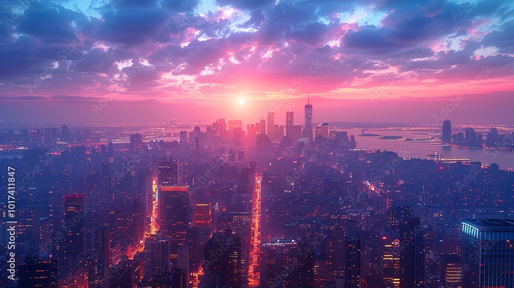 Fototapeta premium City at Twilight: A stunning view of a city skyline at twilight with illuminated buildings and busy streets perfect for themes related to urban living and city environments. High resolution