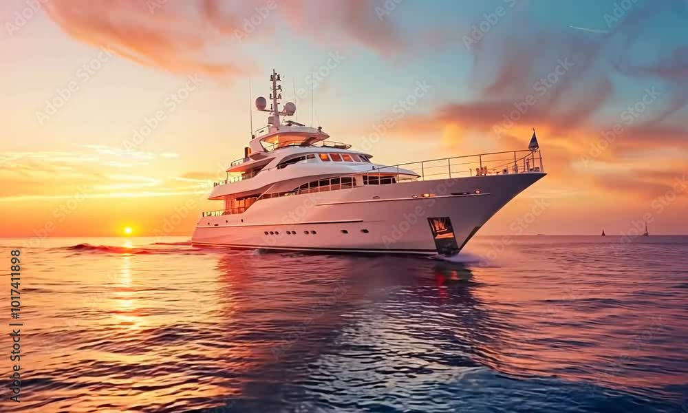 A luxurious yacht sailing serenely on the open ocean at sunset, epitomizing the spirit of adventure and wealth A luxurious yacht sailing serenely on the open ocean at sunset, epitomizing the spirit of adventure and wealth