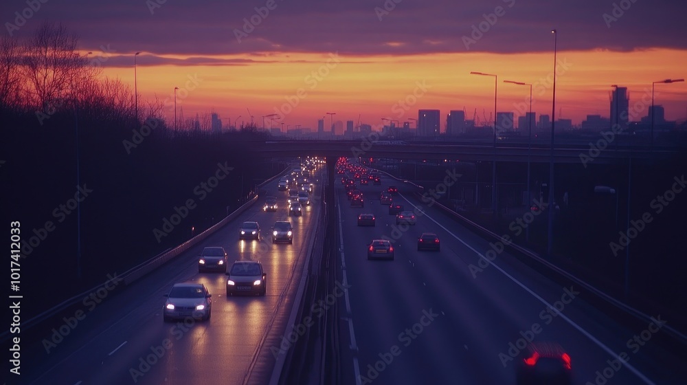 Fototapeta premium Evening Traffic on a Highway at Sunset