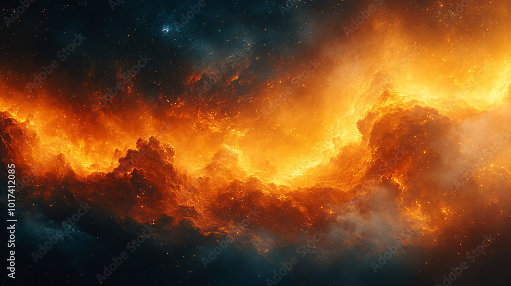 fiery nebula in deep space - cosmic clouds of orange, yellow, and blue - fantasy background fiery nebula in deep space - cosmic clouds of orange, yellow, and blue - fantasy background