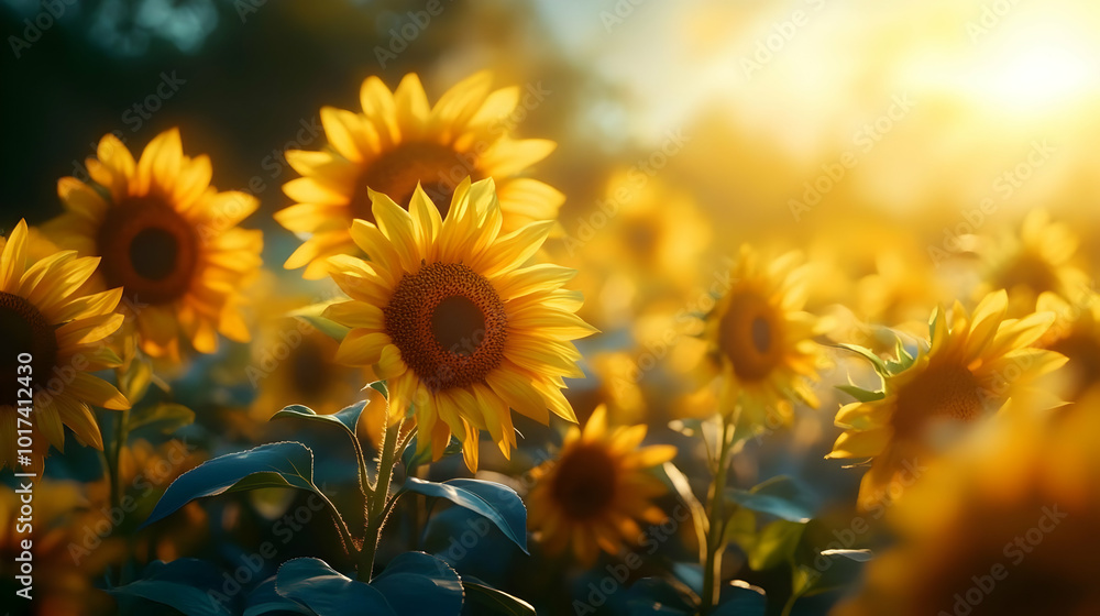 Fototapeta premium Sunflowers in a Field at Sunset - Realistic Image