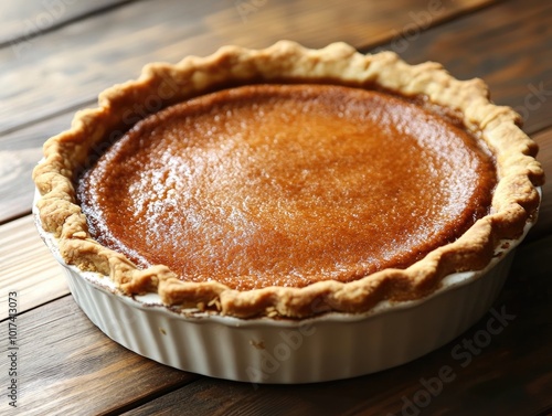 Pumpkin pie in baking dish on wooden surface