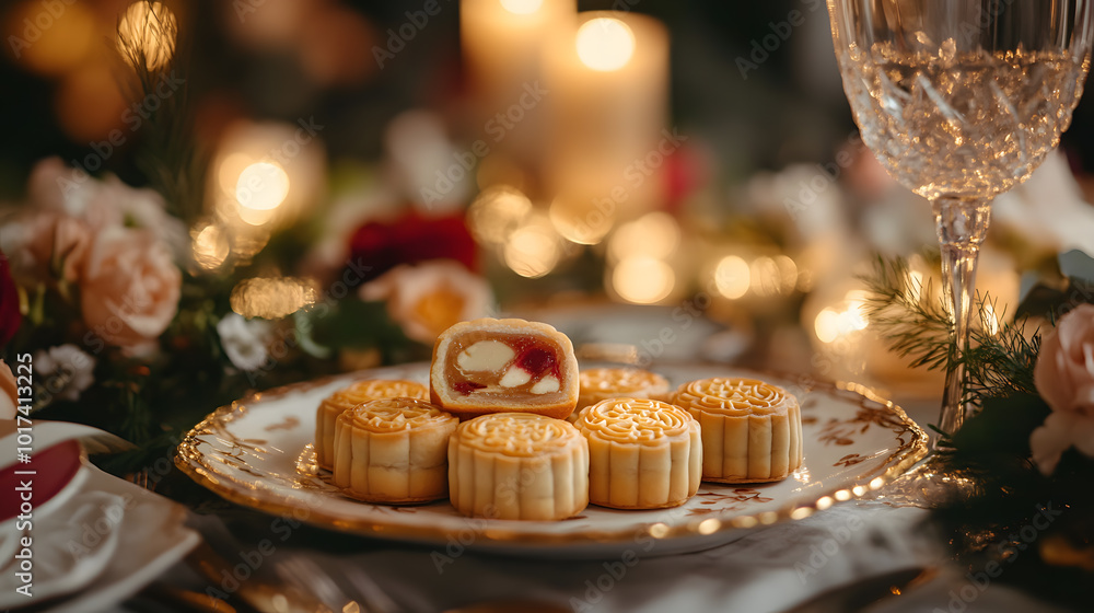 Several mini mooncakes with intricate patterns on a plate, surrounded by candles, flowers, and a wine glass. Several mini mooncakes with intricate patterns on a plate, surrounded by candles, flowers, and a wine glass.
