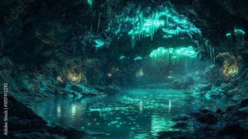 Glowing green water in a dark cave with stalactites hanging from the ceiling.