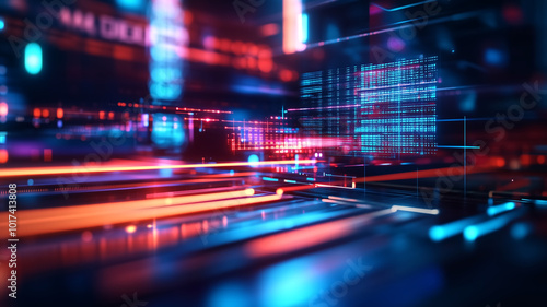 vibrant 3D rendered image of computer executing complex data processes, showcasing colorful lights and digital patterns. scene evokes sense of advanced technology and innovation