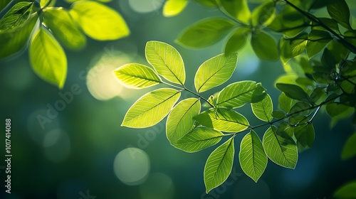 Lush green leaves glisten with dew in soft, dappled sunlight, creating a serene, tranquil nature scene filled with freshness and vitality. photo