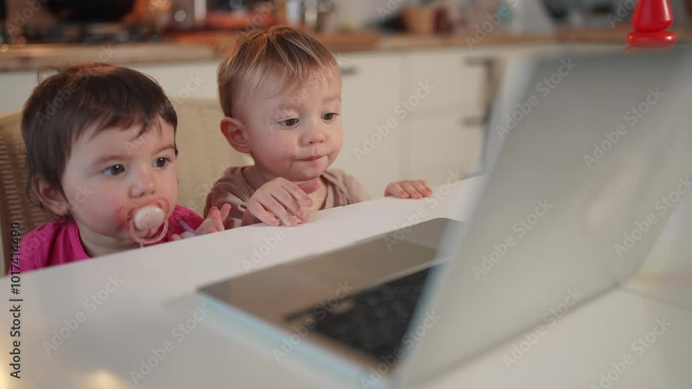 twin baby children a playing laptop watching lifestyle video in the kitchen. happy family kid dream concept. baby twins playing video game on laptop looking at screen in kitchen twin baby children a playing laptop watching lifestyle video in the kitchen. happy family kid dream concept. baby twins playing video game on laptop looking at screen in kitchen