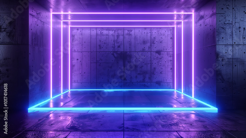futuristic space featuring glowing neon blue and purple lights against textured black wall, creating vibrant and immersive atmosphere. sleek design evokes sense of modernity and innovation