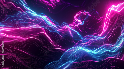 Vibrant abstract design featuring glowing neon pink and blue waves, creating dynamic and energetic atmosphere. interplay of colors evokes sense of movement and depth