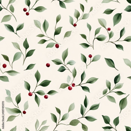 A delicate pattern of green leaves and red berries on a soft beige background.