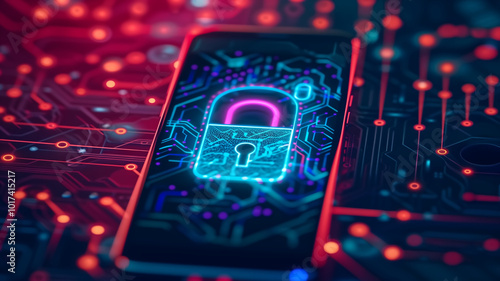 futuristic smartphone displaying holographic lock symbol on vibrant circuit board background, representing advanced security technology and digital protection