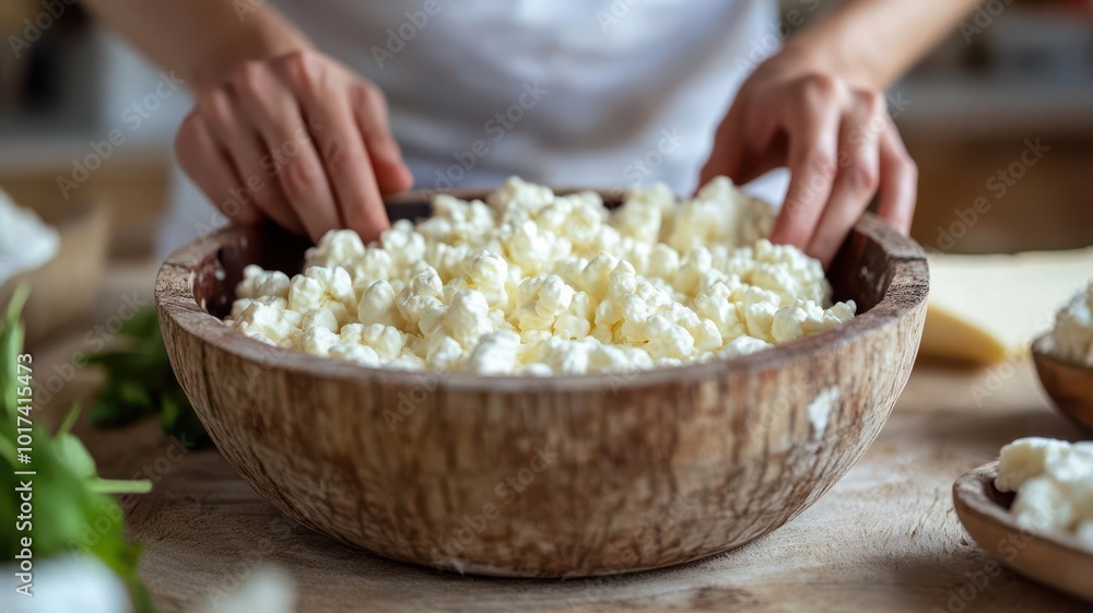 Woman pressing soft cheese curds in a traditional wooden mold, cheese pressing process, handmade dairy product Woman pressing soft cheese curds in a traditional wooden mold, cheese pressing process, handmade dairy product