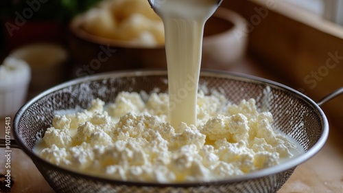 Pouring freshly curdled milk into a colander for draining, draining curds, beginning stages of cheese photo