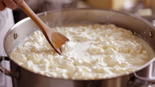 Stirring milk in a large pot with a wooden spoon, milk curdling, Italian cheese tradition