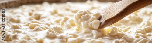 Stirring whey and curds with a long wooden paddle, stirring curds and whey, classic cheese technique photo