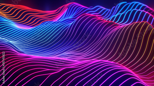 Colorful wavy lines create mesmerizing neon dreamscape, blending vibrant hues of pink, blue, and purple. This abstract design evokes sense of movement and energy