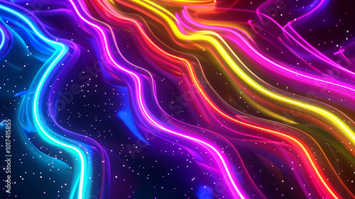Colorful wavy lines create vibrant and dynamic visual experience against dark background, evoking sense of energy and movement. neon hues blend beautifully, enhancing overall aesthetic