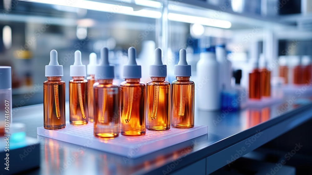 Brown glass bottles with liquid on display Brown glass bottles with liquid on display