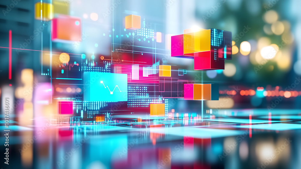 vibrant digital landscape showcasing colorful data blocks and graphs, symbolizing data analysis and technology. scene conveys sense of innovation and progress vibrant digital landscape showcasing colorful data blocks and graphs, symbolizing data analysis and technology. scene conveys sense of innovation and progress