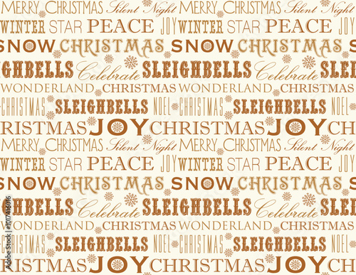 Various Christmas Gold Wordings Seamless Pattern with Snowflakes on Ivory Background- Christmas  Text Vector Illustration