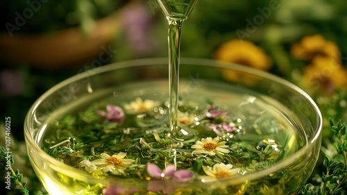 Close-up of herbal infusion being mixed into a skincare solution, herbal infusion in cosmetics, biological beauty ingredients