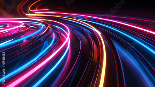 Vibrant neon lines swirl and flow through darkness, creating mesmerizing abstract pattern that captivates viewers imagination