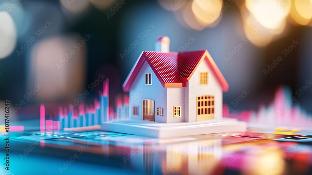 miniature house model sits atop colorful financial chart, symbolizing real estate market analysis and investment opportunities. vibrant colors and graphs evoke sense of growth and potential miniature house model sits atop colorful financial chart, symbolizing real estate market analysis and investment opportunities. vibrant colors and graphs evoke sense of growth and potential