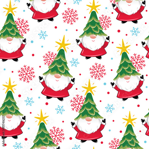 Christmas Cute Gnomes Seamless Pattern with Christmas Tree with Star on the Head, Snowflakes- Christmas Vector Illustration