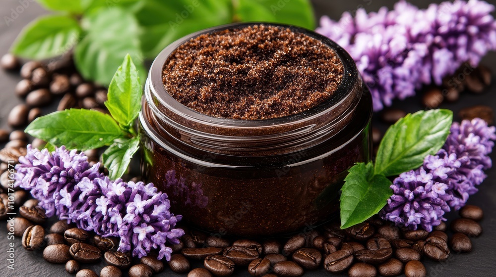 An open jar of coffee scrub cream, showcasing the rich, textured formula with visible coffee grounds, ideal for exfoliating and brightening skin, surrounded by natural elements An open jar of coffee scrub cream, showcasing the rich, textured formula with visible coffee grounds, ideal for exfoliating and brightening skin, surrounded by natural elements