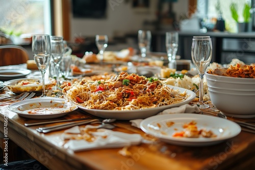 dirty dishes on a large modern table after holiday. Empty dirty plates with spoons and forks on the table after meal. Banquet ending concept. Unwashed dishes ready to cleaning