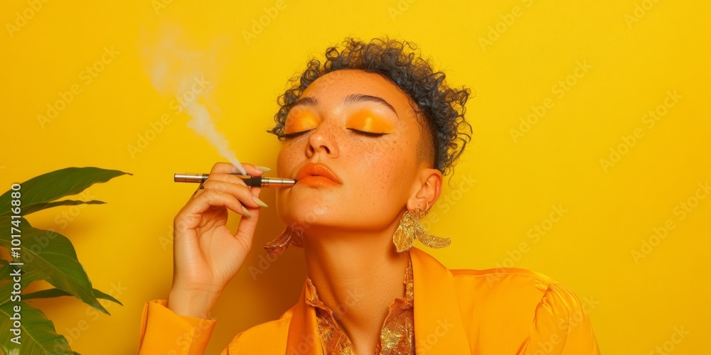 Fototapeta premium Modern Youth Vaping in Vibrant Yellow Setting Contemporary Fashion and Vivid Aesthetics