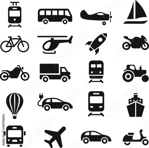 Transport or transportation icon set. Containing car, bike, plane, train, bicycle, motorbike, bus and scooter, tractor and electric vehicle, Ship or Ferry boat, helicopter icons. collection.