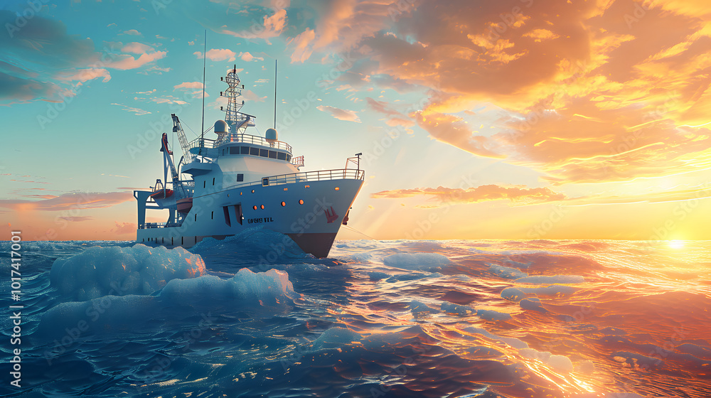 A large research vessel conducting a seismic survey in deep ocean waters, releasing sound waves to map underwater oil reserves, with bright equipment and a dynamic seascape A large research vessel conducting a seismic survey in deep ocean waters, releasing sound waves to map underwater oil reserves, with bright equipment and a dynamic seascape