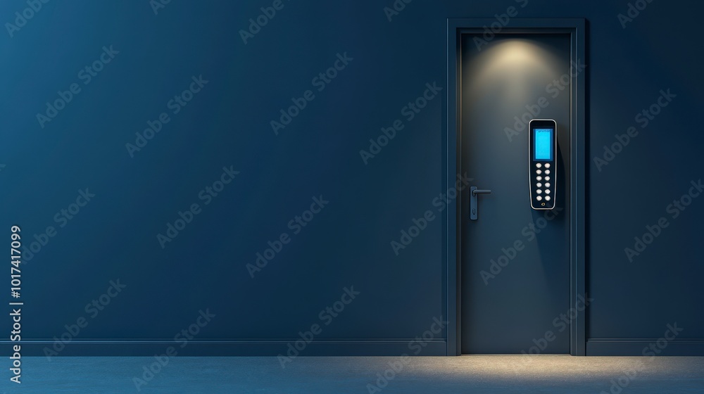 Modern security door with electronic keypad lock and spotlight illumination Modern security door with electronic keypad lock and spotlight illumination