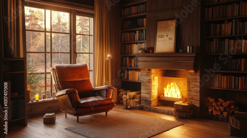 A cozy living room with a crackling fireplace and a plush chair, inviting you to unwind and relax in its warmth and comfort.