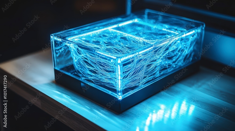 Fototapeta premium Glowing cables in transparent box on wooden surface in dimly lit room