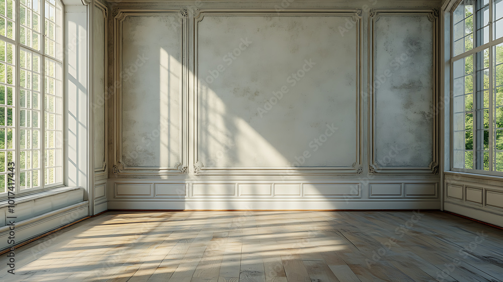 Sunlight streams through large windows in a spacious room with white walls and wood floors. Sunlight streams through large windows in a spacious room with white walls and wood floors.