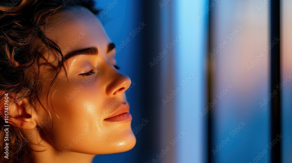 A striking profile of a young woman in twilight, her features illuminated by warm light against a serene blue backdrop. A striking profile of a young woman in twilight, her features illuminated by warm light against a serene blue backdrop.