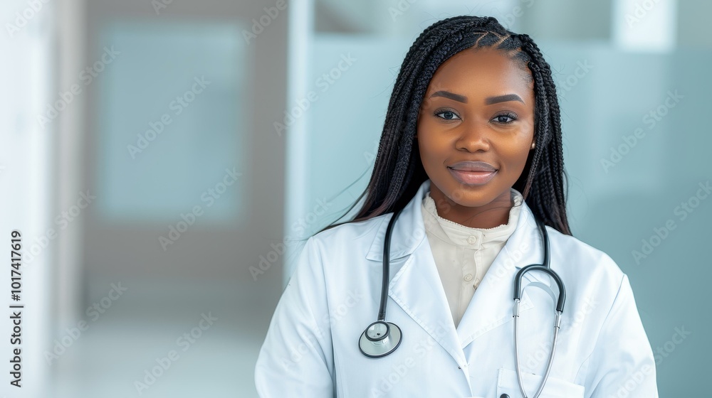 Young African American female doctor smiles in her white coat, working online and caring for patients at the clinic. Young African American female doctor smiles in her white coat, working online and caring for patients at the clinic.