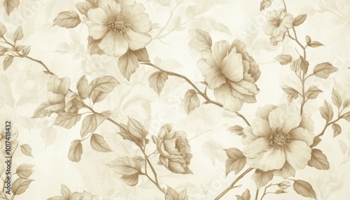 Seamless pattern with delicate beige roses and leaves on a white background.