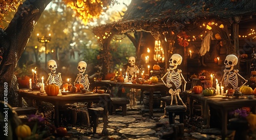 Halloween Background With Scary Pumpkins And Zombies Creep In Graveyard At Spooky Night