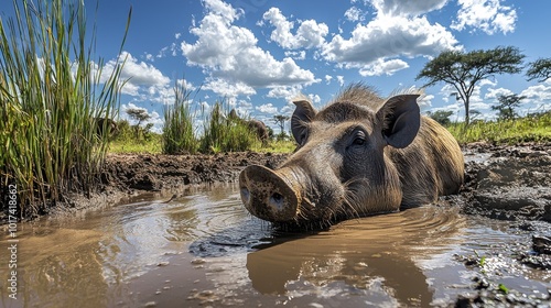 Warthog wallowing in mud at waterhole surrounded by tall grasses under sunny sky photo