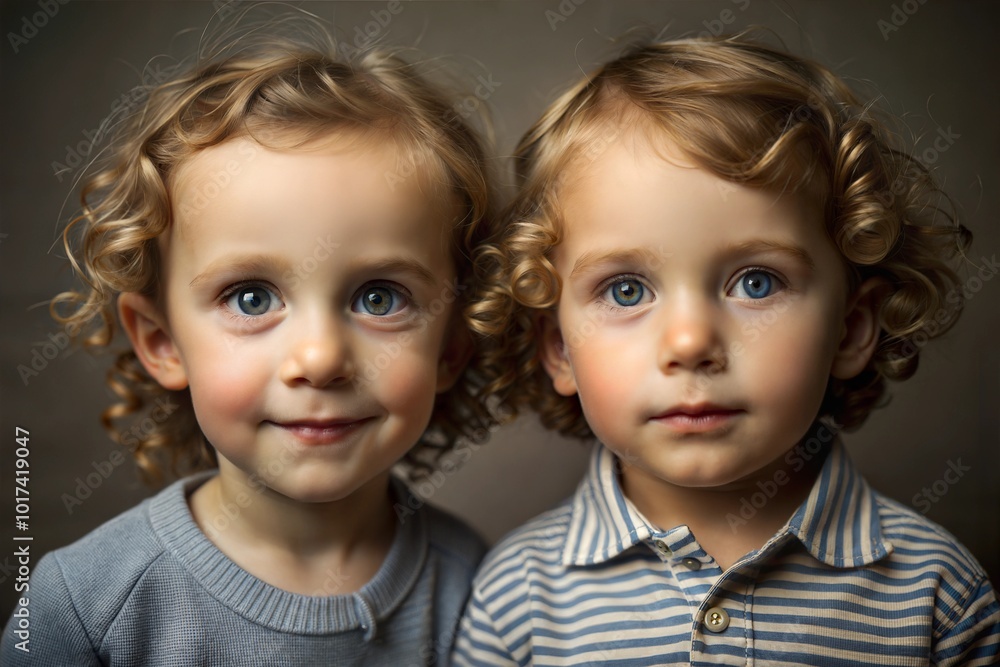 Twin boys with curly blond hair expressive close-up Twin boys with curly blond hair expressive close-up
