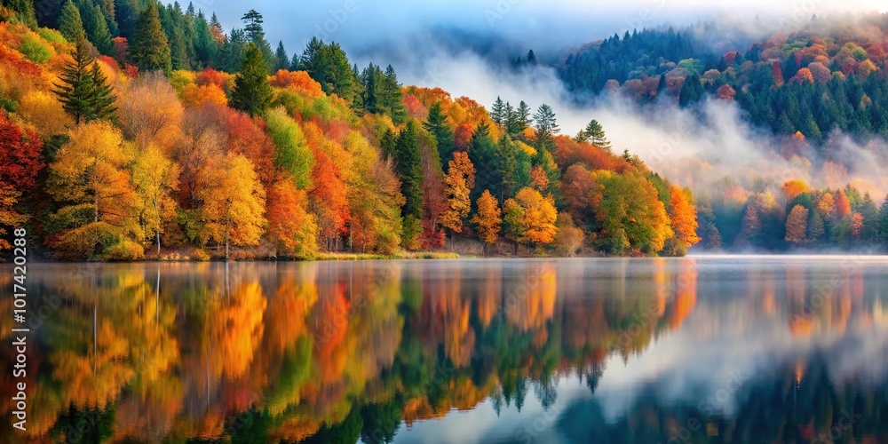 Fototapeta premium Autumn forest on misty shore