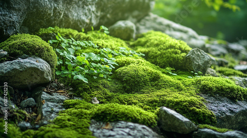 Lush Green Moss Covering Rocks in a Serene Natural Landscape. This image showcases vibrant moss and greenery thriving among rocks, creating a tranquil scene in nature's untouched embrace.