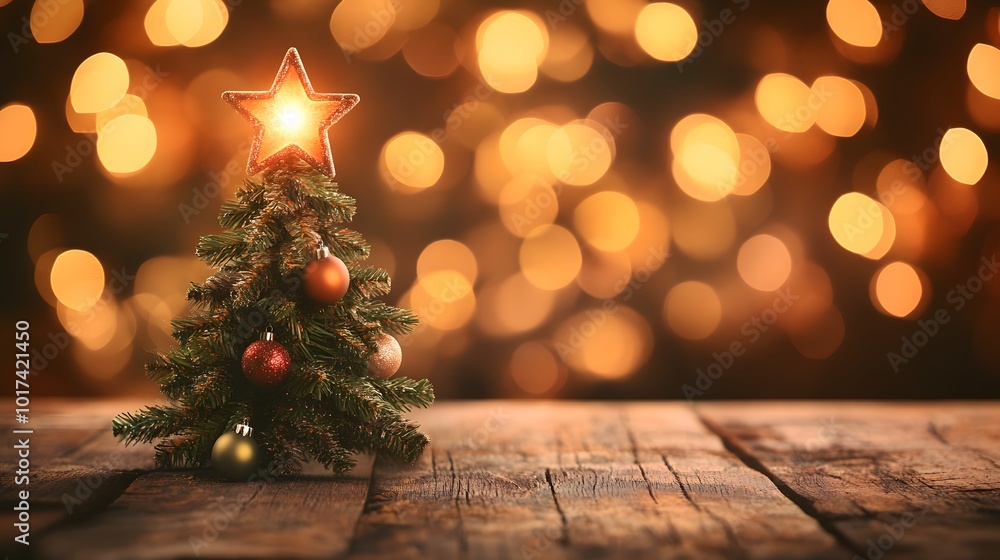 Small Christmas Tree with Star Topper and Ornaments on Wooden Table Small Christmas Tree with Star Topper and Ornaments on Wooden Table