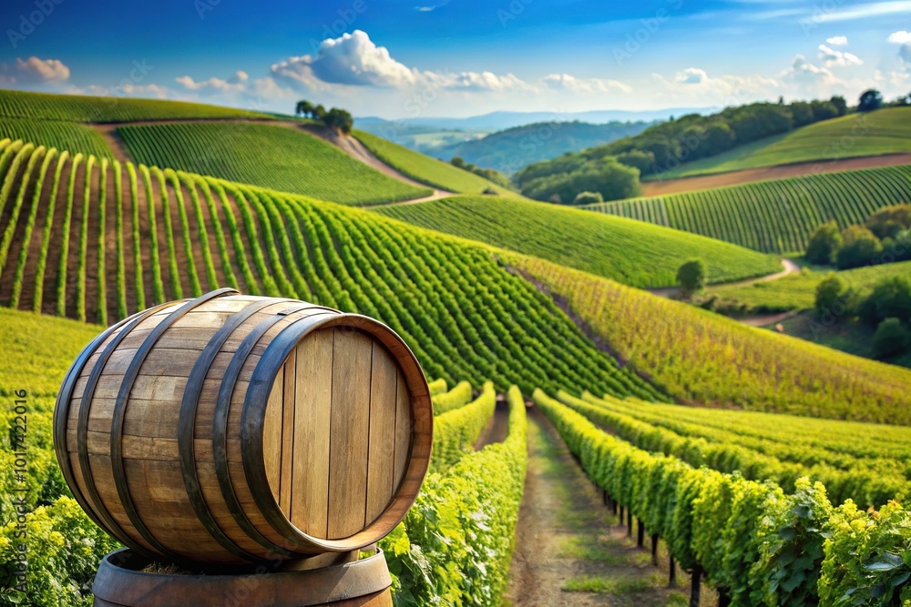 Obraz premium Asymmetrical vineyard on hills with barrel in foreground